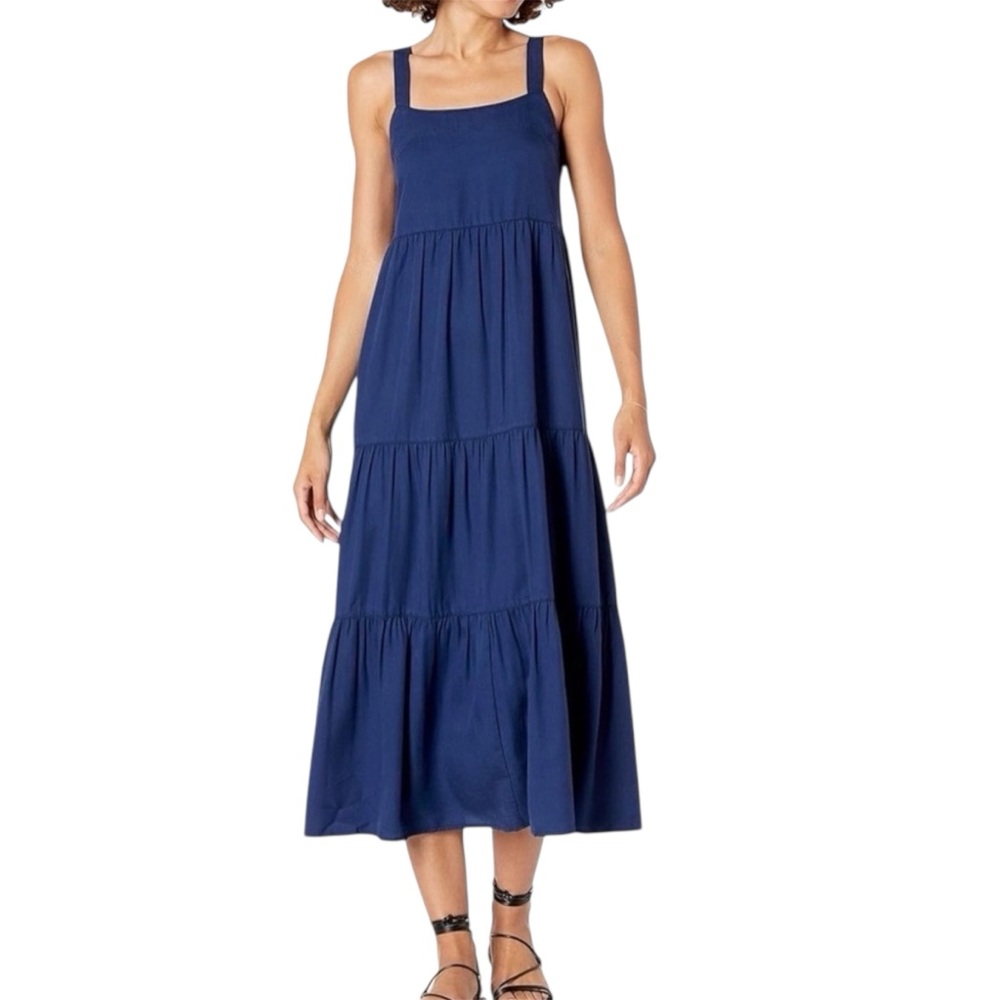 The Drop Britt Sleeveless Navy Tiered Maxi Dress Size Oversized XS-S Tencel